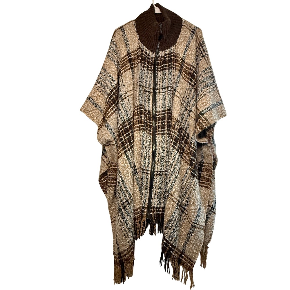 Marc New York Andrew Marc Plaid Full Zip Poncho Cape One Size Fringe Soft